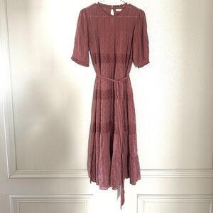 Rose cotton ankle-length dress, eyelet pattern. Semi-sheer, unlined